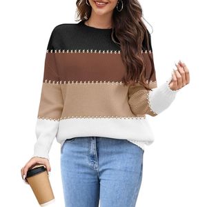 Suéteres de Punto Acrílico Personalizados de Invierno, Tricolor, Manga Larga, Cómodos, de Alta Calidad, a Rayas, para Mujer, Talla Grande - Product Image 3