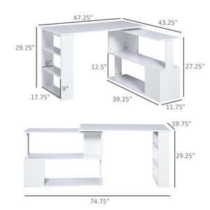 White L-Shaped Corner Computer <b>Desk</b> with 360 Degree Rotation Home Office <b>Workstation</b> Featuring Storage Shelves for Writing Work - Product Image 3