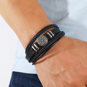Vintage Multi-layer Braided PU <b>Leather</b> Bangle with Crystal & Rhinestone Compass Charm for Anniversary Gift Unisex A800893 - Product Image 6