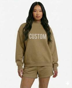 Conjunto de Top y Pantalón Corto de Punto Oversize de Manga Larga para Mujer, Estilo Urbano, Cuello Simulado, Ajuste Relajado, Casual de Otoño, con Logo Frontal, Cortavientos - Product Image 1