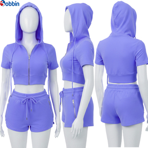 Conjunto Deportivo de Top Corto con Capucha y Pantalones Cortos para Mujer, Color Verde Lima, de Manga Corta con Cierre, para Primavera/Verano, Superventas - Product Image 6