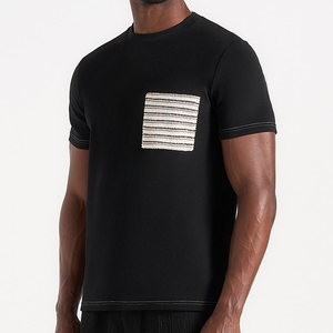Camiseta de Punto Negra de Manga Corta para Hombre con Patrón Geométrico Bordado, Cuello Redondo, Corte Casual - Product Image 1