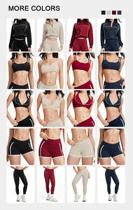 Women Three Piece Activewear Set Wine <b>Red</b> Stretch <b>Sports</b> <b>Bra</b> Shorts And Leggings Casual Fitness Wear Slim Fit - Product Image 4