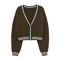 Cardigan court à col en V pour femme, manches longues, tricoté, couleur unie, style preppy, boutons verts, 100 % acrylique, pour l'automne