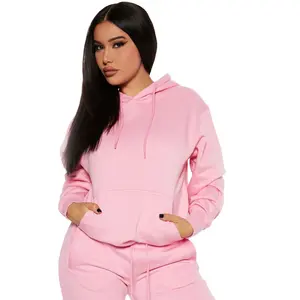 Plus Size Most Fashionable 300 GSM Pink Fleece Women Plain Pullover Hoodie With Kangaroo Pocket For Sale