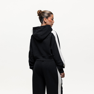 Sweat-shirt court zippé à capuche pour femme, noir, color-block, manches longues, tricoté, décontracté, pour l'automne - Product Image 2