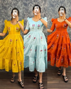 Vestido Midi de Algodón Naranja con Bordado en Capas, Mangas Abullonadas, Cuello Cuadrado, Estilo Bollywood, Ropa para Mujer - Product Image 4