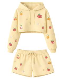 Custom Women Butter Yellow Crop Hoodie Shorts Set Fruit Print Casual Two Piece Outfit Cotton Fleece Lounge Wear Custom Wholesale - Product Image 1