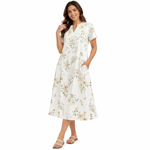 Robe midi pour femme en mousseline de coton à imprimé floral blanc, manches courtes, col en V, coupe ample, décontractée, été, avec poches - Product Image 1