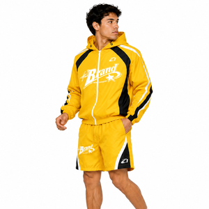Veste coupe-vent jaune deux pièces personnalisée à faible MOQ, broderie patchwork, fermeture éclair, nylon, polyester, streetwear unisexe, shorts, sweats à capuche - Product Image 4