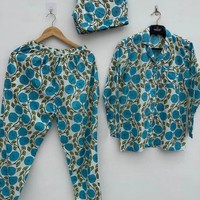 Ensemble pyjama 3 pièces pour femmes, imprimé floral, 100% coton, manches courtes, taille élastique, vêtements de nuit respirants et doux pour le printemps et l'automne