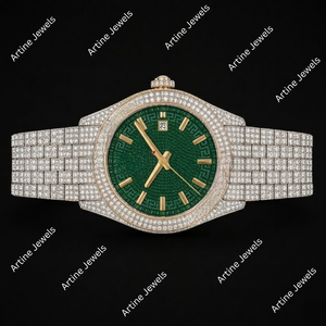 Montre à cadran vert glacé avec accents dorés, montre-bracelet de luxe pour homme en cristal argenté - Product Image 3