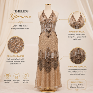 Women Gold Beaded Maxi Dress V Neck Sleeveless Embellished Evening Gown Elegant <b>Sequin</b> Formal Wedding Party Prom Cocktail - Product Image 5