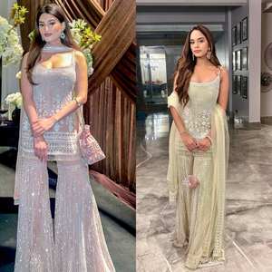 Ensemble palazzo en tulle souple à volants, richement orné, entièrement cousu, tenue de soirée élégante, tenue ethnique pour femme, toutes tailles - Product Image 2