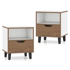 Set di 2 Comodini Unici a 3 Livelli con Venature del Legno e Bianco Crema, Tavolino da Camera con Design a Blocchi di Colore e Cassetto con Ripiano Aperto - Product Image 3