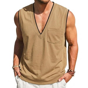 เสื้อกล้ามคอวีผู้ชายแบบปรับแต่งได้ มีกระเป๋า ขายส่ง คุณภาพสูง เสื้อผ้าลำลองแฟชั่นชายหาดฤดูร้อน - Product Image 6