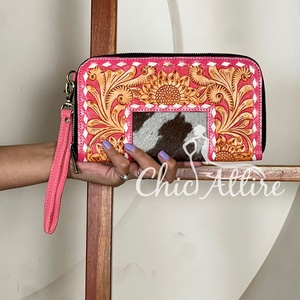 Bolso mini con diseño de girasol, en piel auténtica de vaca rosa, con cremallera y detalles hechos a mano, ideal para el uso diario de las mujeres. - Product Image 1