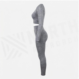 Ensemble de yoga 2 pièces North Approach : Leggings taille haute longs et crop top à col rond à manches longues imprimé gris – Tenue de sport - Product Image 3