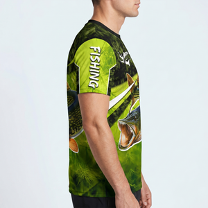 เสื้อยืดตกปลาพิมพ์ลายตามสั่ง ป้องกันแสงแดด UPF 50 แห้งเร็ว ลายพราง แขนสั้น สำหรับผู้ชาย ลายกราฟิกปลาไพค์ เสื้อผ้าสำหรับกิจกรรมกลางแจ้ง ไซส์ XL ผลิตจากโรงงาน - Product Image 3