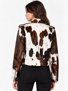Chaqueta de cuero de vaca con pelo para mujer, estilo motero, con cremallera asimétrica, corte corto, estilo western, con cinturón - Product Image 2