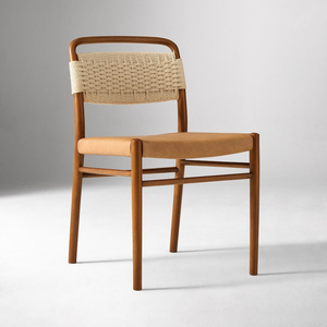 Minimalist Nordic Style Solid Wood Dining <b>Chair</b> with Comfortable Saddle Leather <b>Pad</b> and Woven Back - Product Image 1