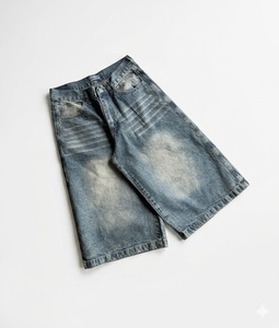 Pantalones Cortos de Mezclilla Holgados Personalizados para Hombre, Estilo Y2K, Streetwear, Gris, Lavado Ácido, Corte Holgado, Hip Hop, Pierna Ancha, Pantalones Cortos de Camuflaje de Alta Calidad - Product Image 3