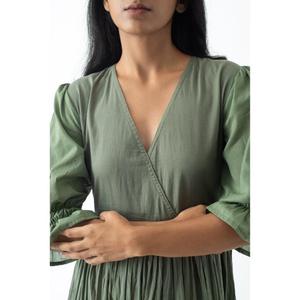 High Quality Olive Green A-Line Maxi <b>Dress</b> V-Neck Three Quarter Sleeve <b>Ruffles</b> Rayon Chiffon Breathable Summer Style Women - Product Image 4