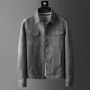 <b>Men's</b> Gray <b>Suede</b> Leather <b>Jacket</b> Turn-down Collar Zipper Closure Slim Moto Front Casual Winter Style Regular Sleeve Solid Color - Product Image 1