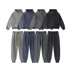 Customized Logo 500 Grams Fleece Acid Washed Zip Up Cropped Hoodie Sweat Suit <b>Set</b> Baggy Flared Wide Leg Acid Wash <b>Sweatpants</b> - Product Image 4