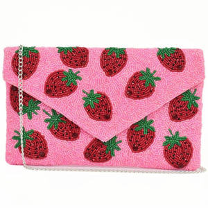 Pochette artisanale légère perlée avec chaîne détachable, motif fraise et poire, forme enveloppe rectangulaire, en tissu polyester - Product Image 6