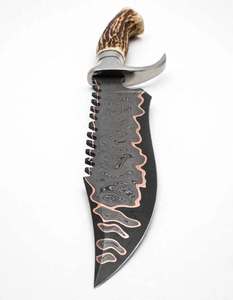Cuchillo utilitario pesado de acero de Damasco forjado a mano Iron Crown Forge con mango de asta de ciervo, doble guardacuchillo de acero inoxidable y funda de cuero OEM - Product Image 3