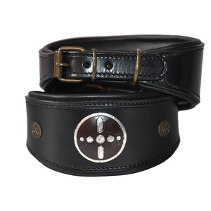 Collier de chien en cuir noir fantaisie de qualité supérieure avec décorations de goujons avec décoration de boucle en laiton doré - Product Image 2