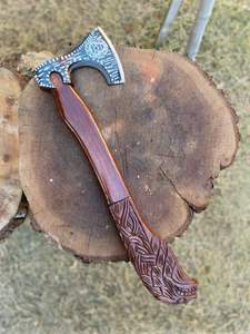 Handcrafted Decorative <b>Axe</b> with Carved Wooden <b>Handle</b> & Engraved Steel Blade Viking Age <b>Axe</b> - Product Image 1