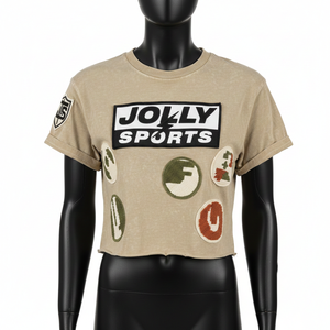 T-shirt court pour femme en jersey de coton premium, beige délavé, avec patch brodé, logo personnalisé, respirant - Product Image 1