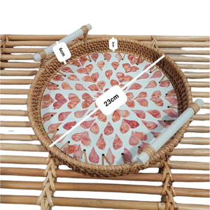 Wholesale Mother of Pearl Inlay Round Bohemian Eco-Friendly 26cm Handmade Rattan Serving Tray with <b>Handles</b> Kitchen Table Display - Product Image 1