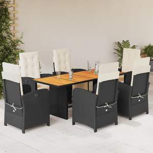 Conjunto de Comedor de Jardín de Ratán Negro para 6 Personas, Mesa de Teca, Muebles de Exterior Resistentes a la Intemperie, Diseño Contemporáneo - Product Image 1
