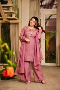 Conjunto de Salwar Kameez de 3 Piezas con Bordado Étnico Indio Moderno en Color Rosa para Mujer, Marca LD CREATION |   Ropa Festiva Elástica y Sin Arrugas para Fiestas - Product Image 2