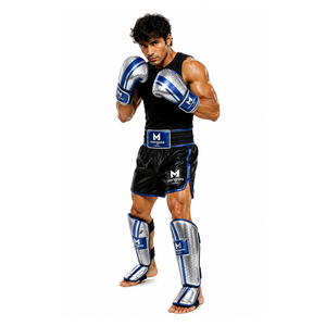Guantes de Boxeo Profesionales ODM OEM de Cuero PU Premium Azul/Plateado con Palma Transpirable y Cierre Personalizado, Logotipo Personalizable - Product Image 6
