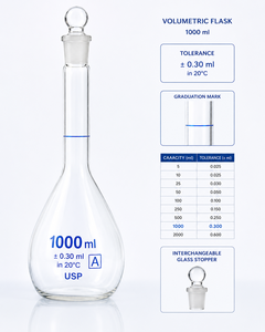 Frasco Volumétrico de Vidrio Borosilicato de 1000 ml, Cuello Largo, Clase A, Tapón de Precisión, Material de Laboratorio - Product Image 6