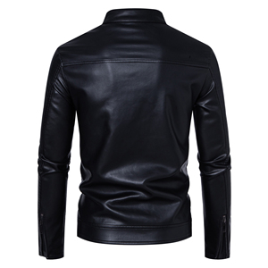 Blouson moto en cuir noir pour homme, col montant, fermeture éclair, coupe ajustée, couleur unie, pour l'automne - Product Image 4