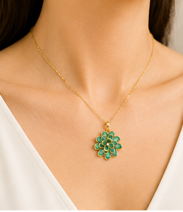 Natural Emerald Floral Bloom <b>Pendant</b> in <b>Solid</b> 18K Yellow <b>Gold</b> – Bezel Set Triple-Tier Pear Gemstone Flower Medallion - Product Image 3