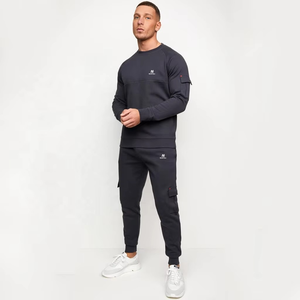 Men's Dark Gray <b>Tracksuit</b> Crew Neck Full Sleeve Solid Color Casual Joggers With Side Pockets Breathable Polyester Autumn Wear - Product Image 1