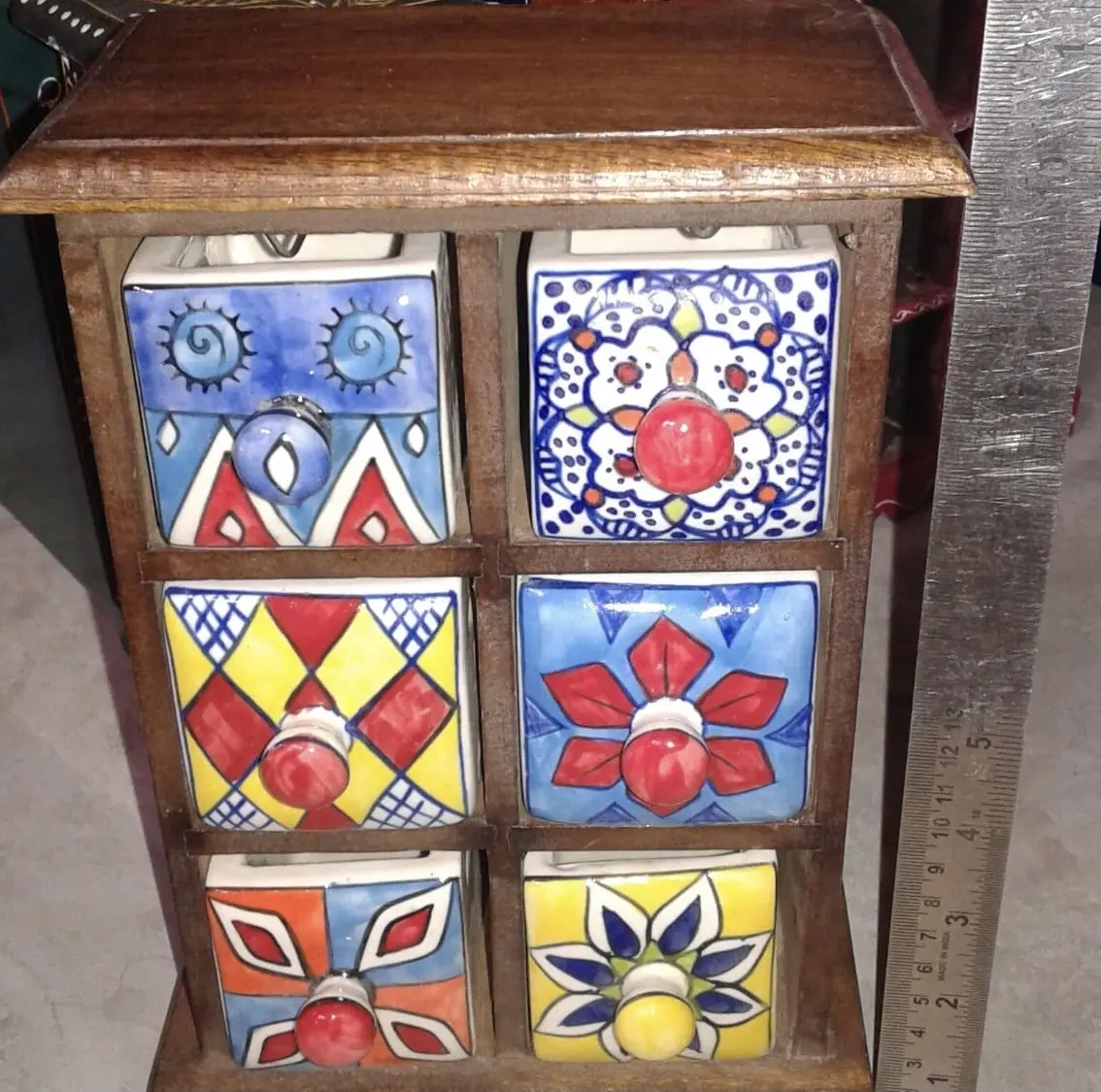 Coffre en bois peint à la main pour tiroirs en céramique boîte à épices et cadeau artisanal en bois
