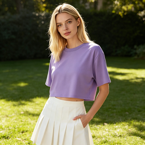 Crop top violet pour femme, manches courtes, col rond, tricoté, couleur unie, style décontracté printemps-été - Product Image 3