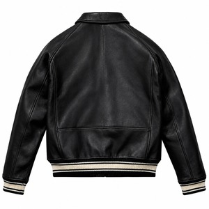 Blouson aviateur en cuir véritable noir pour homme, col rabattu, fermeture éclair, coupe classique, pour l'automne - Product Image 2