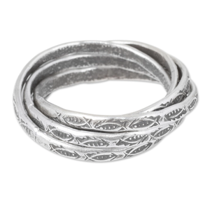 Cinq anneaux de poisson entrelacés faits à la main en argent sterling, bijoux de mode bohème unisexe, design unique, prix de gros d'usine - Product Image 4