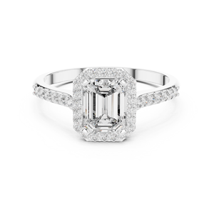 Anillo de Compromiso Clásico con Marco Real, Corte Esmeralda de 1.07 CT, Halo de Diamantes Pavé, Estilo Real Elegante - Product Image 1