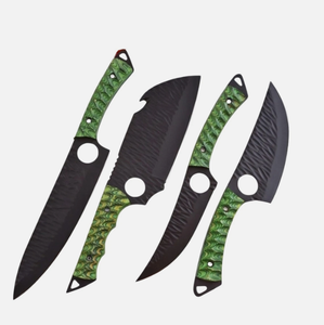 Juego de 4 Cuchillos de Cocina de Acero con Alto Contenido de Carbono, Hechos a Mano, con Hoja de Punta Caída, Acabado Negro Mate, Afilados como Navajas, Grado Industrial, con Mango de Micarta - Product Image 1