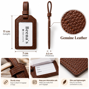 Étiquette à bagages en cuir véritable marron de Beena avec fenêtre pour carte nominative - Cadeau de luxe pour valise et bagages de voyage - Product Image 3