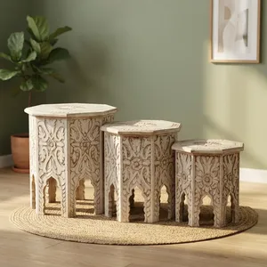 Handmade Carved Wooden <b>Nesting</b> <b>Table</b> Set of 3 Vintage Bedside Side <b>Tables</b> Rustic Farmhouse Living Room Bedroom Home Décor - Product Image 5